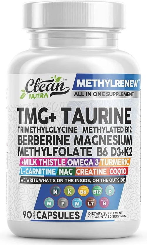 Clean Nutra TMG Taurine Supplement B6 Vitamins, B12, D3 D3 K2, K2, Berberine, 3 Turmeric COQ10 & 90 Ct