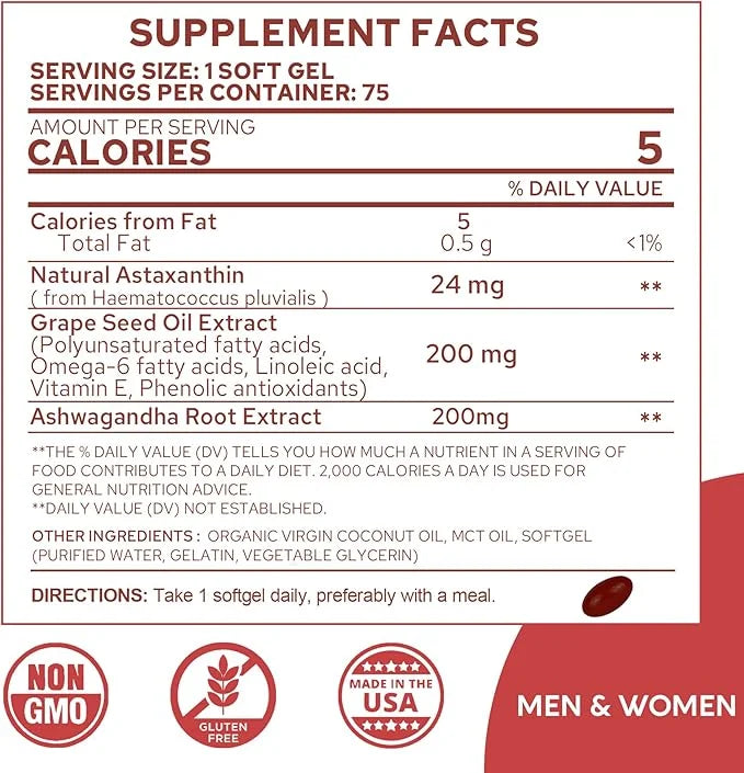 Astaxanthin Supplements 24mg, 5 Month Supply - Coconut MCT Oil, Fresh Microalgae Source w/Grape Seed Oil, Ashwagandha - An...