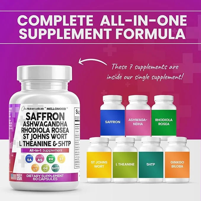 Clean Saffron Supplements with Ashwagandha 8000mg 200mg, Ginkgo 6000mg, St. 6000mg, Rhodiola 3000mg & 5-HTP 500mg 500mg -