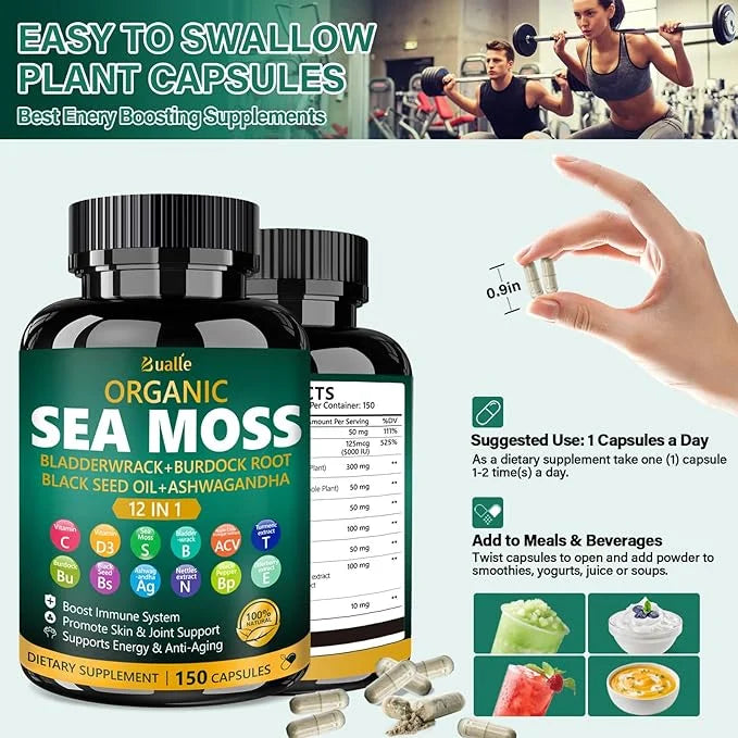 Organic Sea Moss Capsules with Sea Moss,Black Seed Oil,Ashwagandha,Bladderwrack,Ginger,Burdock Root for Immune System,Skin...