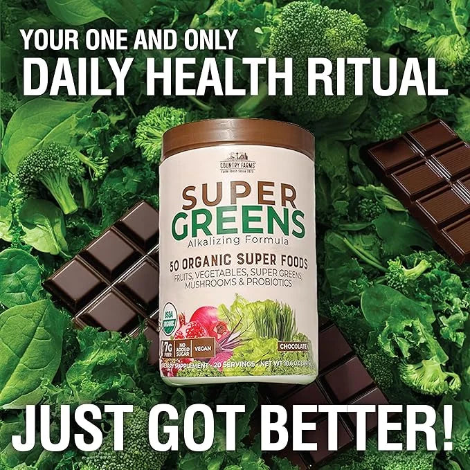 COUNTRY FARMS Organic Super Greens Chocolate Flavor, 50 Organic Super Foods, USDA Organic Drink Mix, Packed with Fiber, Fr...