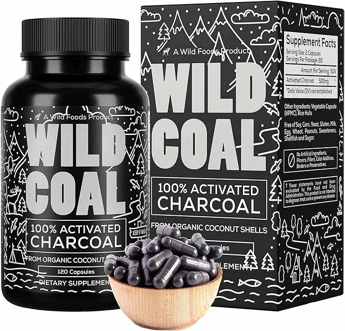 Wild Foods Activated Charcoal Capsules | 100% Organic Coconut Shells Active Tablets for Bloating & Hangover | Lab Tested &...
