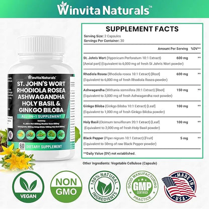 St Johns Wort 6000mg Rhodiola Rosea 6000mg Ashwagandha 3000mg Holy 2000mg Ginkgo 1000mg -