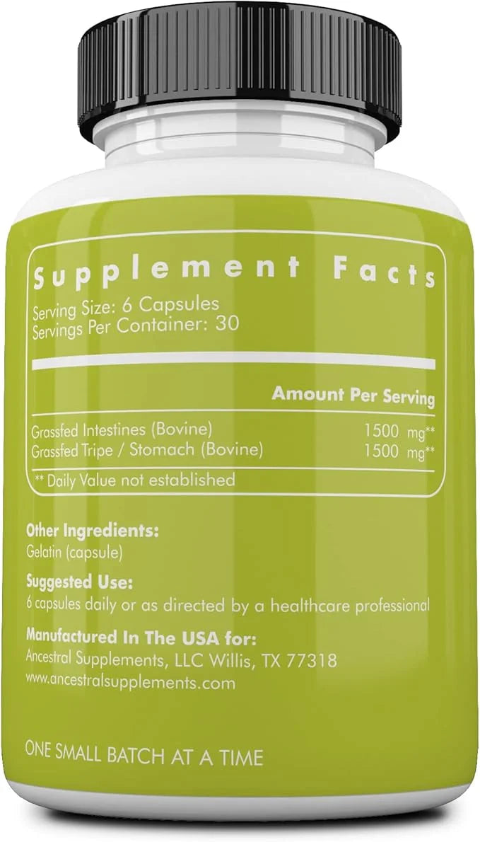 Ancestral Supplements Grass Fed Beef Intestines 3000mg, Digestion 180 Capsules