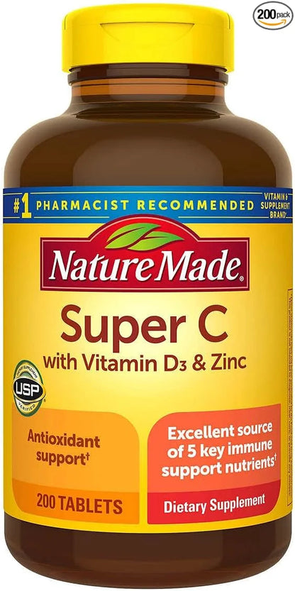 Nature Made Super C with Vitamin D3 and 200 Tablets (900 mg), (450 mcg), D3 (25 (25 mcg/1000 mcg/1000 IU), (15 mg) (11 mg)...