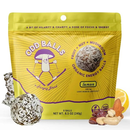ODD BALLS Organic Energy Balls Lemon - Superfood Mushroom Snack - Running, Cycling, Hiking - Gels, Bars Alternative - Lion...