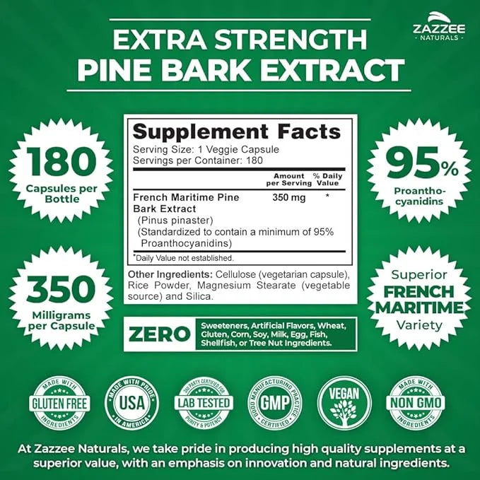 Zazzee Extra Strength French Maritime Pine 350 mg 180 Vegan 95% Proanthocyanidins, 6 Month