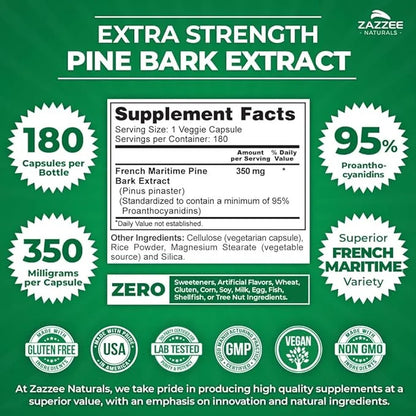Zazzee Extra Strength French Maritime Pine 350 mg 180 Vegan 95% Proanthocyanidins, 6 Month