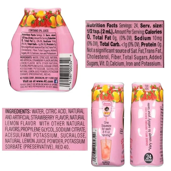 4C Sugar Free Liquid Water Enhancer, Premium Natural Flavors, 0 Calorie Drops (Strawberry Lemonade, 12 Pack) - Product Image