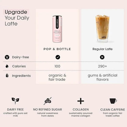 Pop & Bottle Classic & Vanilla Oat Milk Lattes - Cold Brew, Marine Collagen & Antioxidants, MCT Oil, Organic, Dairy Free, ...