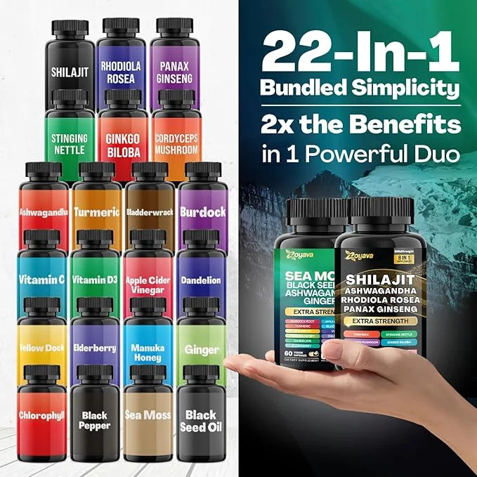 Zoyava Dynamic Vitality Bundle, Sea Moss 7000mg, Black 4000mg, Ashwagandha 2000mg, Ginger 9000mg, Rhodiola 1000mg, Panax (...