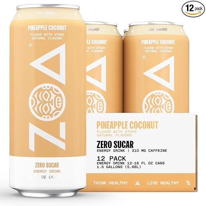 ZOA Zero Sugar Energy Drinks, Pineapple Coconut - Sugar Free with Electrolytes, Healthy Vitamin C, Amino Acids, Essential ...