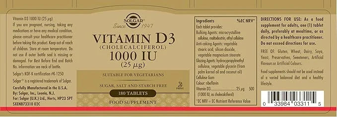 Solgar Vitamin D3 (Cholecalciferol) 25 mcg (1000 IU) 180 Count