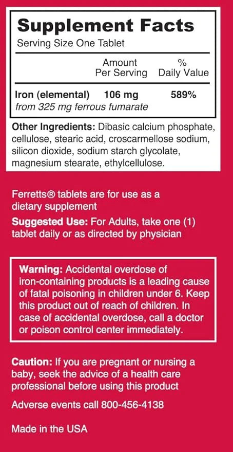 Iron Tablets 106mg (325mg Ferrous Fumarate) - 60 Day Supply of High Potency Iron Supplements for Women & Men - Gentle & No...