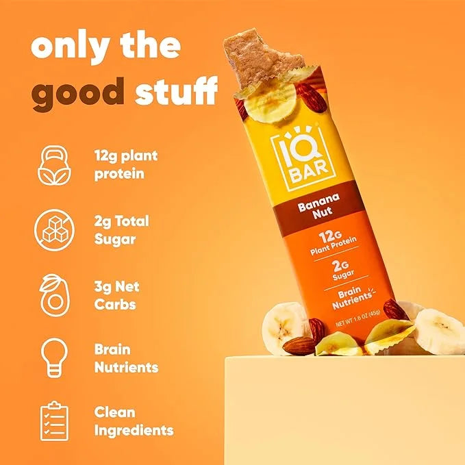 IQBAR Brain and Body Plant Protein Bars - Banana Nut - 12-Count Low Carb - Gluten Free, High Fiber, Vegan Snacks - Low Sug...