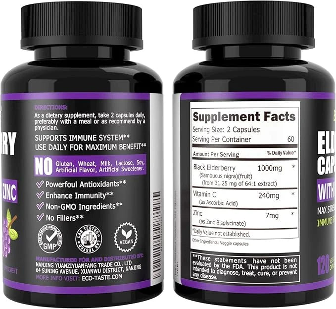 ECO-TASTE Elderberry Capsules with Zinc & 120 Capsules,