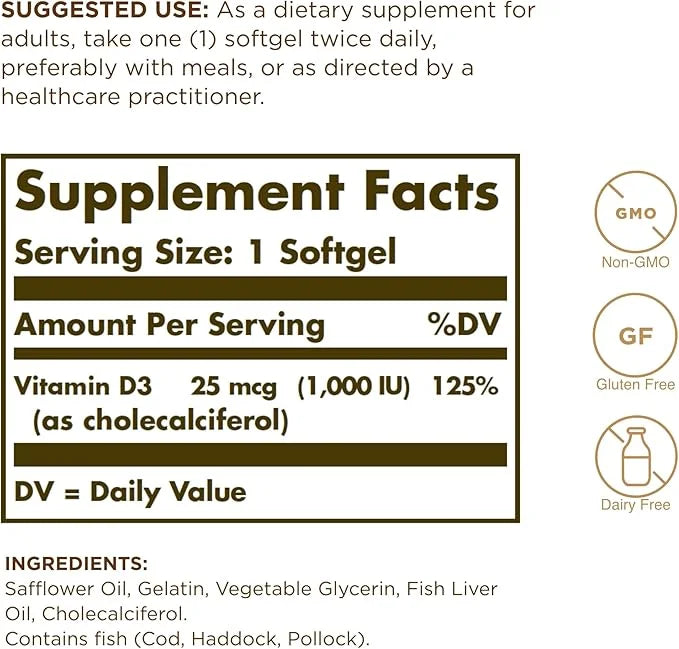 Solgar Vitamin D3 (Cholecalciferol) 25 MCG (1000 IU), 250 Softgels 250 Servings