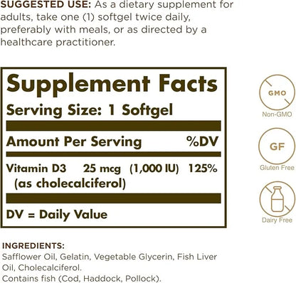 Solgar Vitamin D3 (Cholecalciferol) 25 MCG (1000 IU), 250 Softgels 250 Servings