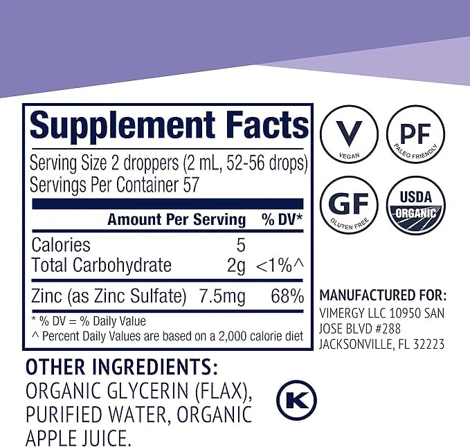Vimergy Liquid Zinc – Fast-Absorbing Immune Support* – Promotes Healthy Bones & Skin – USDA Certified Organic, Vegan, Non-...