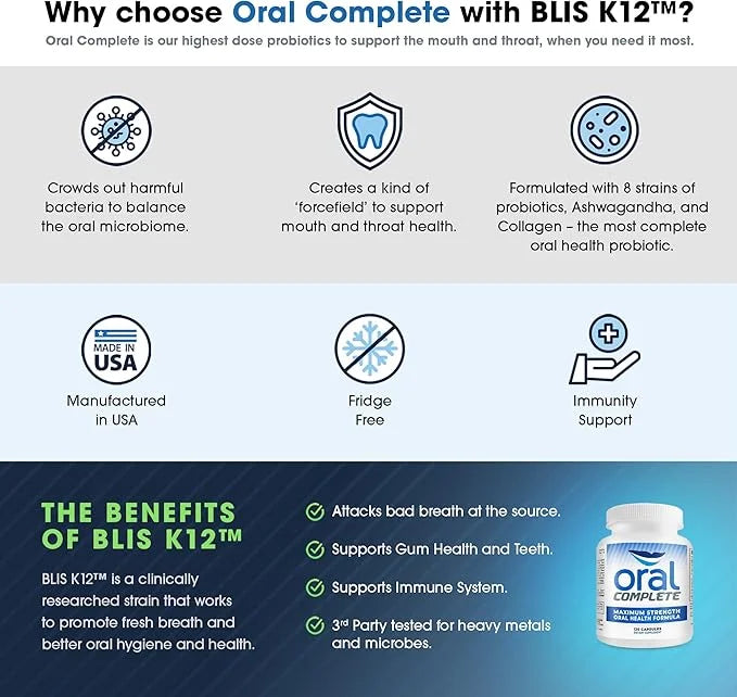 Oral Complete 11-in-1 Dental Probiotics, Bad Breath Treatment Halitosis Tonsil Stone with Non-GMO with BLIS K12, Ashwagand...