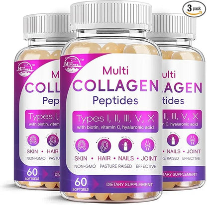 Multi Collagen Peptides Softgel - Type I, II, III, V, X - Hydrolyzed Collagen Peptides with Biotin, Vitamin C, Hyaluronic ...