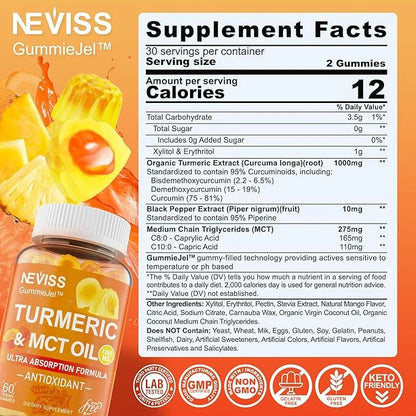 Turmeric Gummies 1000mg w/MCT Oil C8 C10, Organic Antioxidant, Sugar Free Turmeric Curcumin Supplement + Black Pepper Extr...