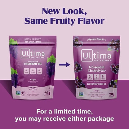 Ultima Replenisher Daily Electrolyte Powder Drink Mix – Grape, 20 Stickpacks – Hydration Packets with 6 Key Electrolytes a...