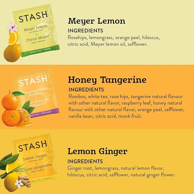 Stash Tea Bright Citrus Tea Sampler - Assortment of Caffeinated and Decaf Teas, Including Lemon Ginger, Meyer Lemon and Ho...
