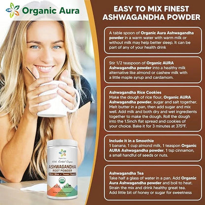 Certified Organic Ashwagandha Root Powder 8Oz -1/2Lb. Enhances 100% Pure