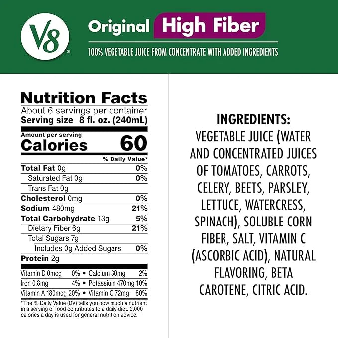 V8 High Fiber Original 100% Vegetable Juice, 46 fl oz Bottle (6 Pack) - Product Image