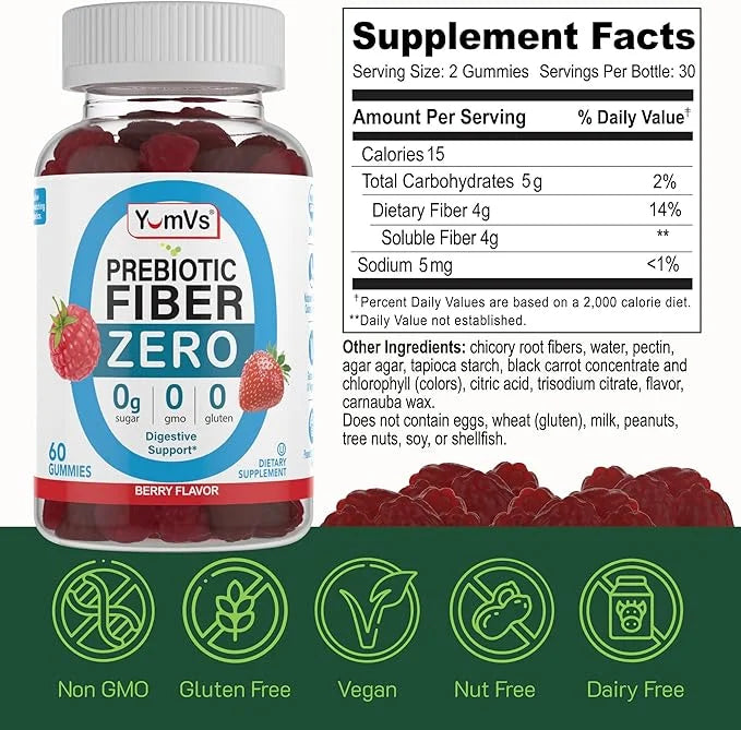 YUM-V'S Prebiotic Fiber Zero Gummies, Keto Friendly Sugar Free Supplement, 4 g Fiber for Digestive Support, Natural Berry ...