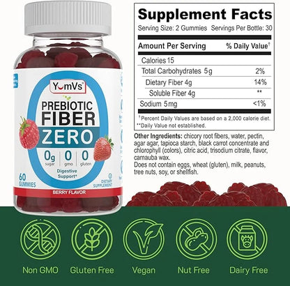 YUM-V'S Prebiotic Fiber Zero Gummies, Keto Friendly Sugar Free Supplement, 4 g Fiber for Digestive Support, Natural Berry ...