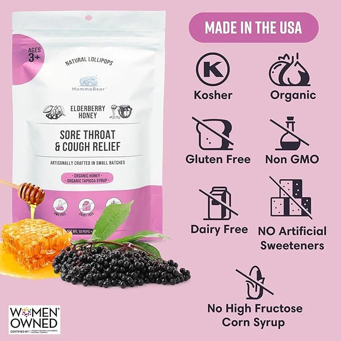 MommaBear Organics Handcrafted Kids Cough Lollipops – Natural Sore Throat Relief & Cough Drop Suckers for Kids 3+ – Elderb...