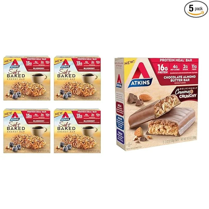 Atkins Soft Baked Energy Bars, Blueberry, 15g Protein,2g Sugar, Excellent Source of Fiber, Low Carb, 4 Packs (5 Bars Each)...