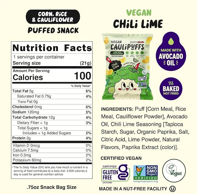 Vegan Chili Lime CauliPuffs - Corn, Rice, and Cauliflower Gluten Free Puffed Snack (box of 15-0.75oz bags) - Product Image