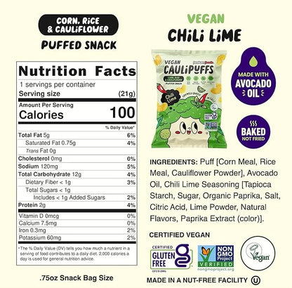 Vegan Chili Lime CauliPuffs - Corn, Rice, and Cauliflower Gluten Free Puffed Snack (box of 15-0.75oz bags) - Product Image