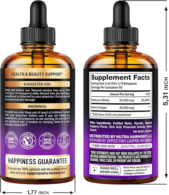 Liquid Biotin & Collagen - Vitamins for Hair Growth Support for Women & Men - Extra Strength 60000 mcg Drops - B7 Suppleme...