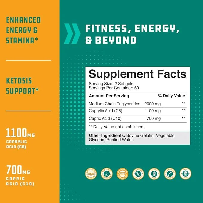 C8 MCT Oil Softgels - Medium Chain Triglycerids MCT Coconut Oil Supplement with Caprylic/Capric Triglycerides for Body Scu...