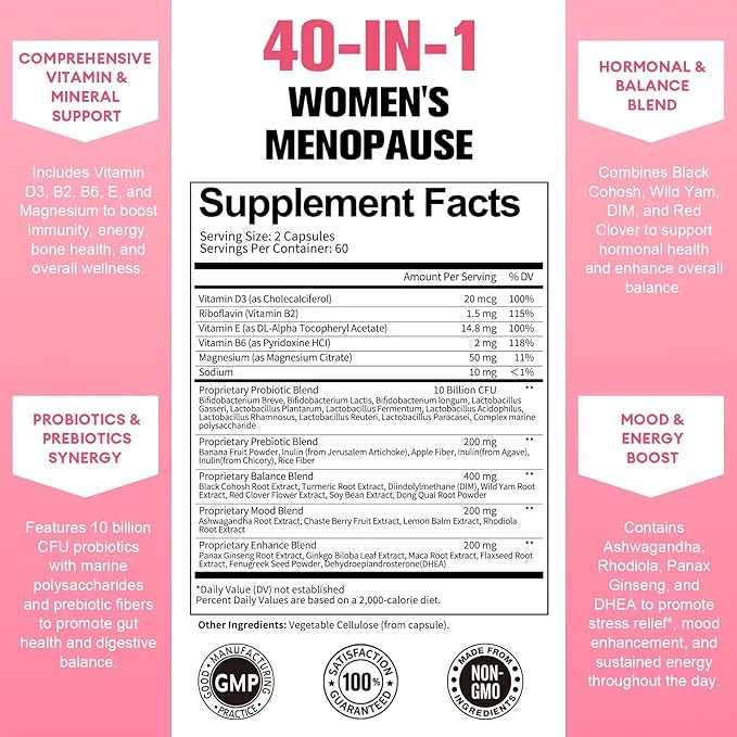 40-in-1 Menopause Supplements for Women, Multibenefit & Complete Black Cohosh for Hot Flashes, Night Sweats & Hormone Bala...