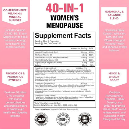 40-in-1 Menopause Supplements for Women, Multibenefit & Complete Black Cohosh for Hot Flashes, Night Sweats & Hormone Bala...
