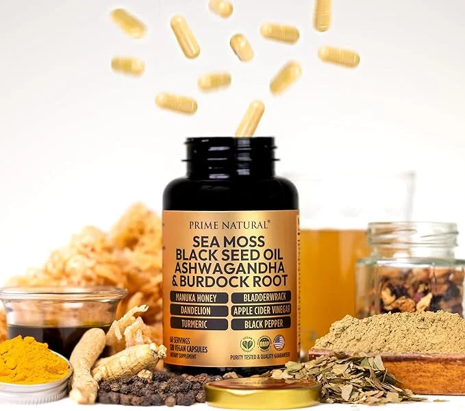 Sea Moss 3000mg Black Seed Oil 2000mg Ashwagandha 1000mg Turmeric 1000mg Bladderwrack 1000mg Burdock 1000mg Manuka 120 Cap...