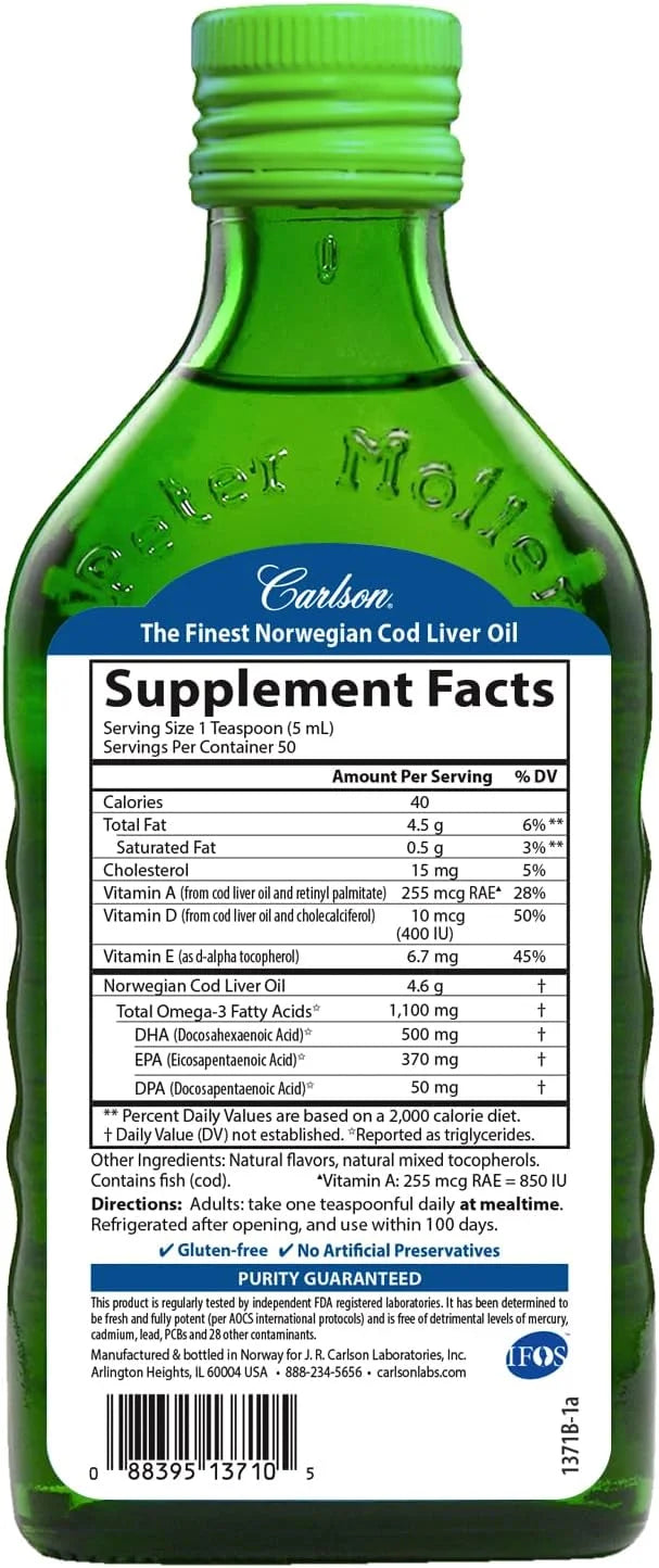 Carlson - Cod Liver Oil, 1100 Omega-3s, Plus D3, Wild 250 mL (8.4 Fl