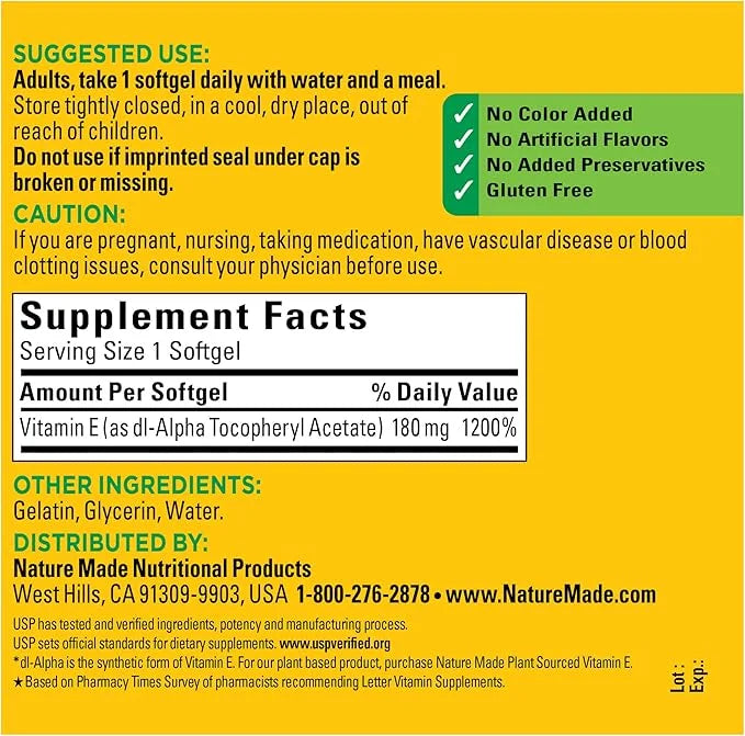 Nature Made Vitamin E 180 mg (400 IU) 300 Softgels, 300 Day