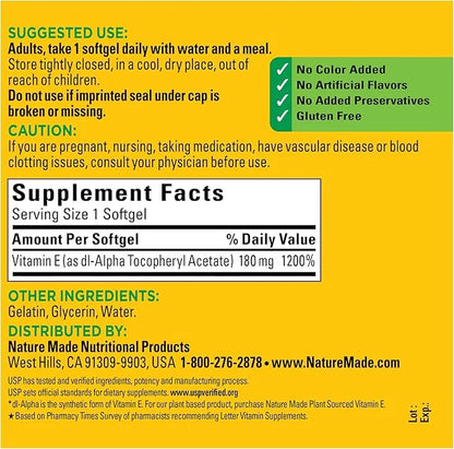 Nature Made Vitamin E 180 mg (400 IU) 300 Softgels, 300 Day
