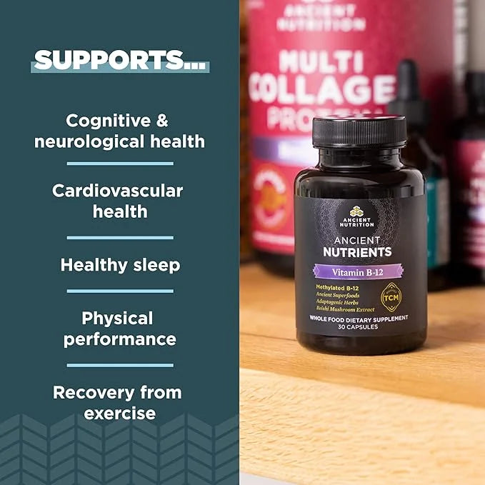 Vitamin B12 Supplement by Ancient Nutrition, Supports Energy Metabolism and Nervous System Health, Adaptogenic Herbs, Enzy...