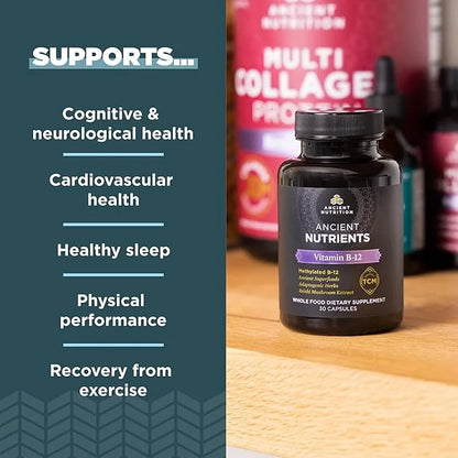 Vitamin B12 Supplement by Ancient Nutrition, Supports Energy Metabolism and Nervous System Health, Adaptogenic Herbs, Enzy...