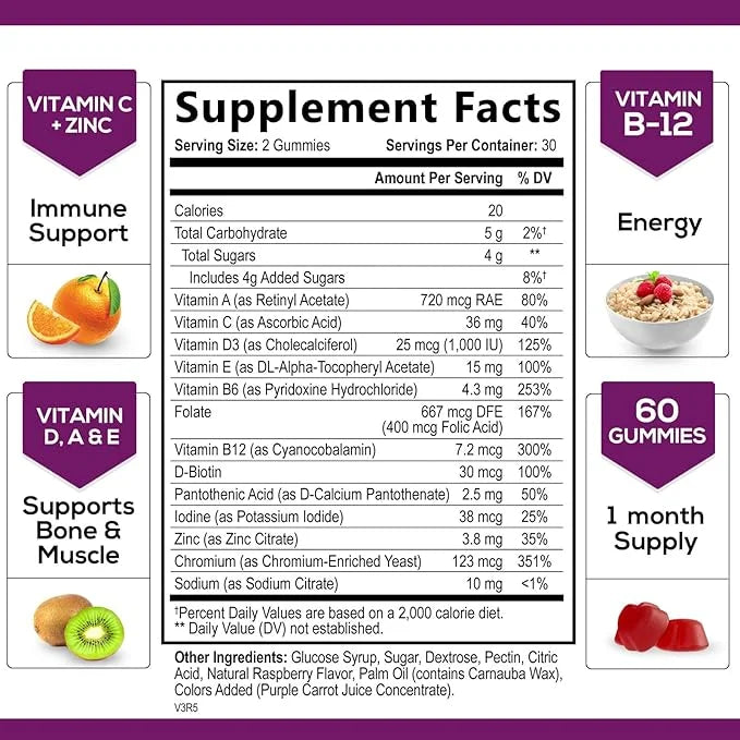 Multivitamin Gummies, Extra Strength Daily Multi B6, B12, B12, Zinc 60 Gummies