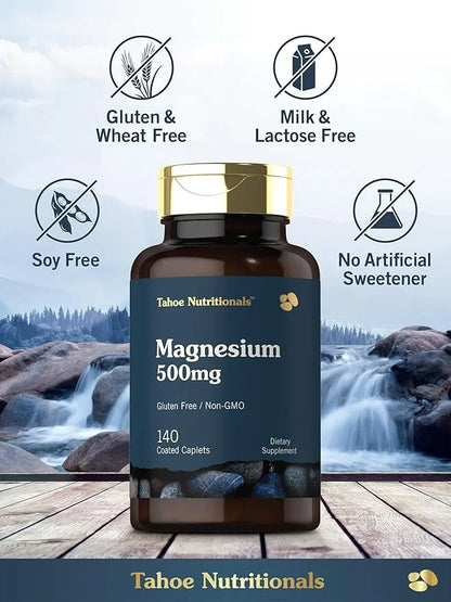 Tahoe Nutritionals Magnesium | 500mg | 140 Coated Caplets | Non-GMO and Gluten Free Supplement - Product Image