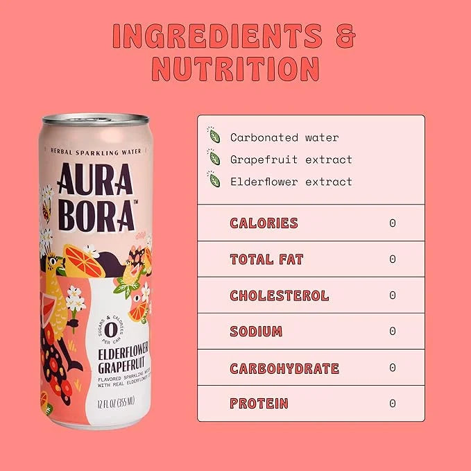 Aura Bora, Grapefruit Elderflower Herbal Sparkling Water, 12 oz Can (Pack of 12), 0 Calories, 0 Sugar, 0 Sodium, Non-GMO -...