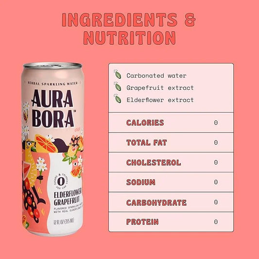 Aura Bora, Grapefruit Elderflower Herbal Sparkling Water, 12 oz Can (Pack of 12), 0 Calories, 0 Sugar, 0 Sodium, Non-GMO -...